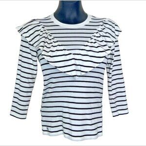 Lauren Ralph Lauren - Women's S Blouse Blue White Stripe V Ruffle Front Long Slv